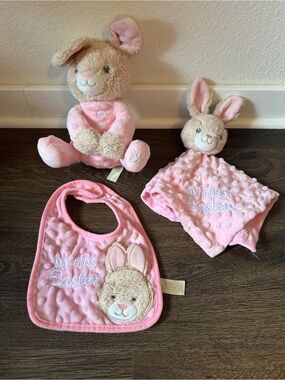 MTY International My First Easter Plush Bunny Minky Dot Rattle Bib Blanket Set